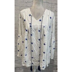 Kaktus Nautical Embroidered Stars Peasant Top Size M Tassels White Blue Festive
